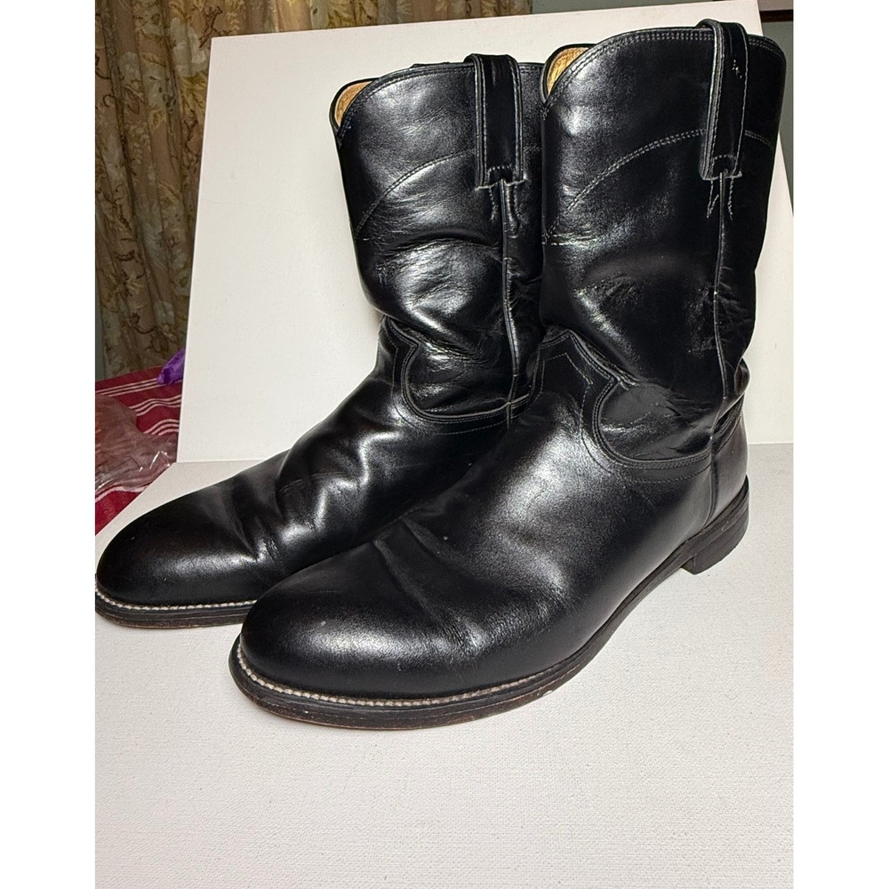 Justin Basics Roper Western Cowboy Boots Mens Size 10 D Black Leather Round Toe